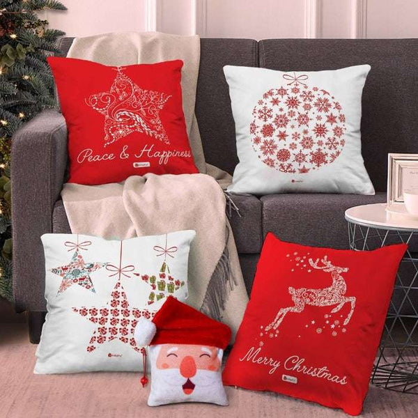 Merry Christmas Soft Poly Satin Cushion Cover (16x16-inch) -Set of 4 and Revesible Santa Soft Toy