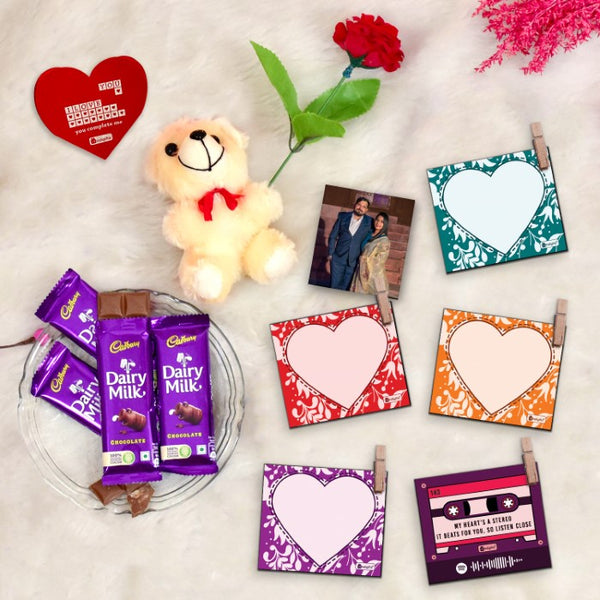 Valentine Gift Set with 5 Photo Clips, Greeting Card, Teddy Bear, Rose, and Cadbury Dairy Milk Chocolate Pack of 4