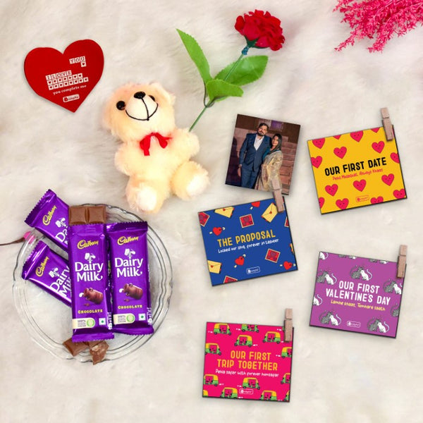 Valentine's Day Gift Set: 4 Photo Clips, Greeting Card, Teddy, Rose, and 4 Dairy Milk Chocolates