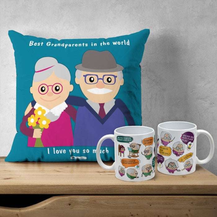 Grandparents Gifts Hamper- Quotes Printed Multicolor Poly Satin Cushion and Ceramic Coffee Mug
