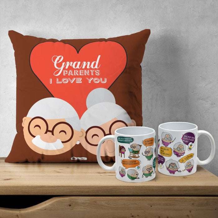 Grandparents Gifts Hamper- Quotes Printed Multicolor Poly Satin Cushion and Ceramic Coffee Mug