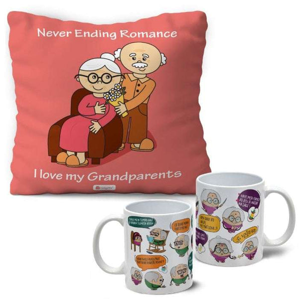 Grandparents Gifts Hamper- Quotes Printed Multicolor Poly Satin Cushion and Ceramic Coffee Mug