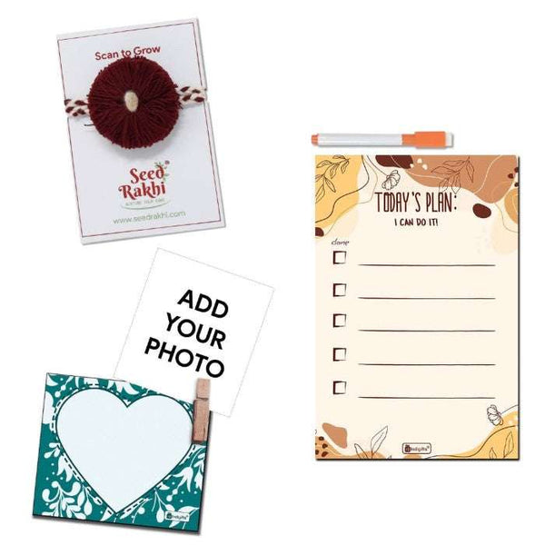 Personalized Photo Magnetic Clip, To Do Planner, and Seed Rakhi Gift Hamper for Brother