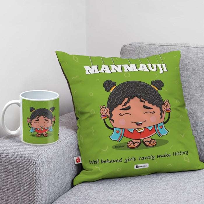 Manmauji Printed Cushion and Mug Combo Gift For Friend