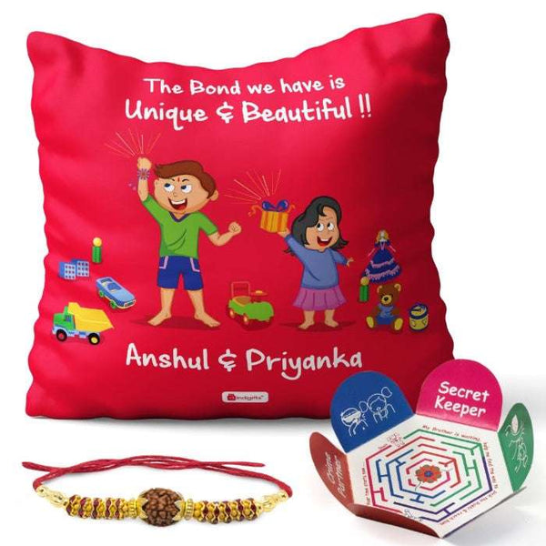 Rakshabandhan Gift For Brother Crystal Rakhi, Customized Cushion with Filler, Rakhi for Brother