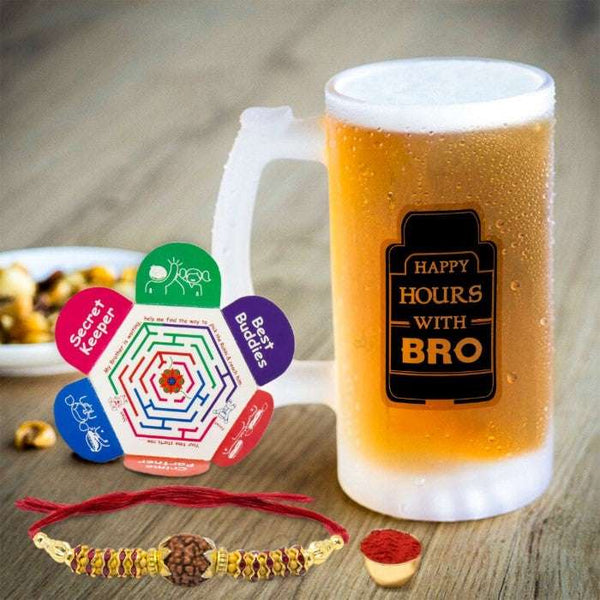 Beer Mug with Happy Hours With Bro Quote and Rakhi Greeting Card