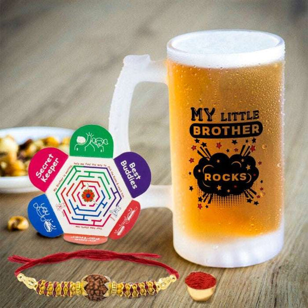 Beer Mug with Little Brother Rocks Quote and Rakhi Roli Greeting Card