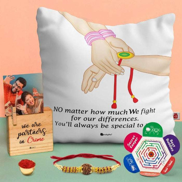 Rakhi Plaque Cushion Cover Gift With Special Bro Sis Quote In Green Color