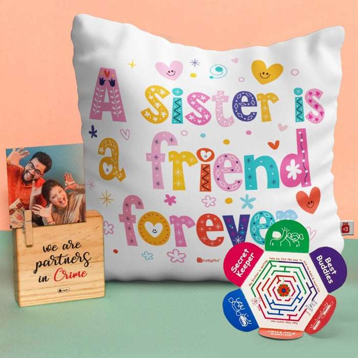 Cushion with Sis Is A Friend Forever Print Wooden Plaque Gift and Rakhi