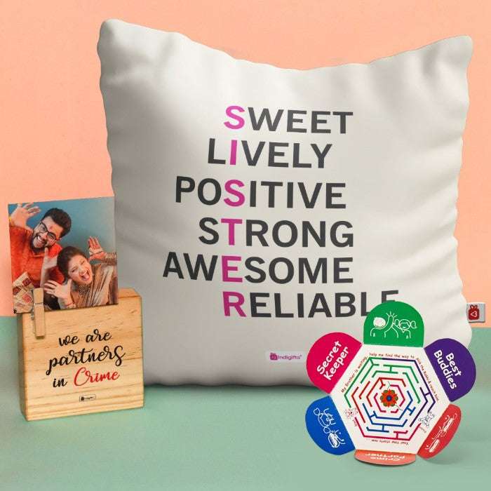 Cushion with Meaning of Sister Print Wooden Plaque Gift and Rakhi