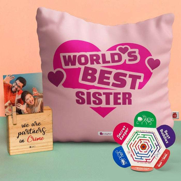 Rakhi and Cushion Cover with World's Best Sister Print Plaque Gift