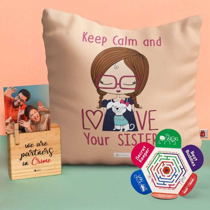 Cushion with Keep Calm Love Sis Print Wooden Plaque Gift and Rakhi.