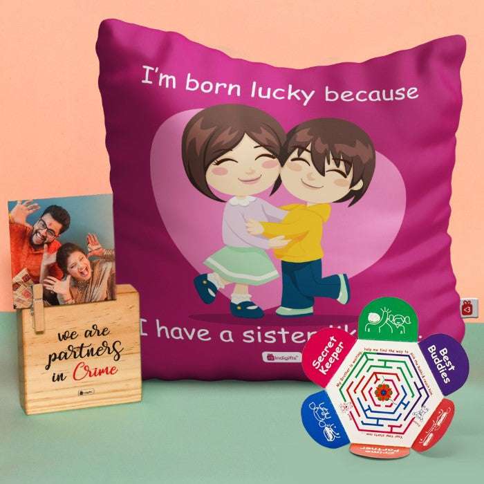 Rakhi and Cushion with Lucky To Have You Sis Print and Plaque Gift