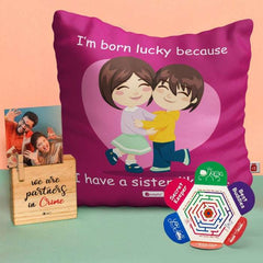 Rakhi and Cushion with Lucky To Have You Sis Print and Plaque Gift