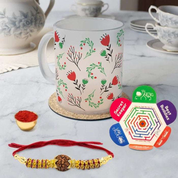 Gift Hamper For Rakhi Frosted Mug, Rakhi, Roli, Chawal With Card
