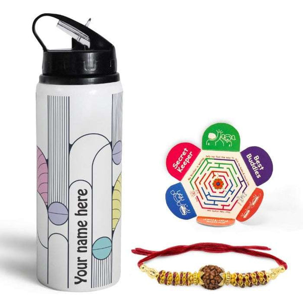 Best Rakshabandhan Gift for Brother: Rudhraksh Rakhi, Customized Geometric Printed Sipper Water Bottle