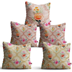 Dual Sided Floral Printed Cushion Covers Set of 5