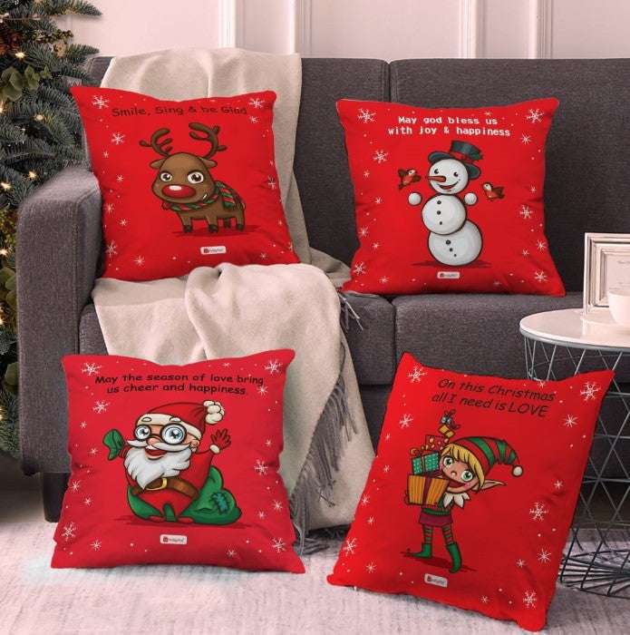 Christmas Characters Soft Poly Satin and Cotton Cushion Covers (16x16 Inches, Red)-Set of 4 and Revesible Santa Soft Toy