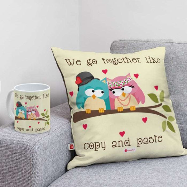 Cute Bird Design Printed Pillow Covers, Fillers &amp; Mug Set For Valentines Gift Combo