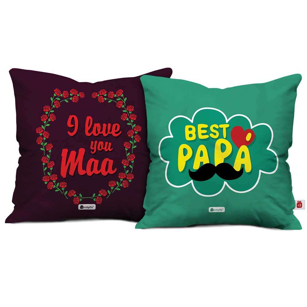 Gift for Mummy Papa with Cushion cover set for Maa Papa, featuring the quote I Love You