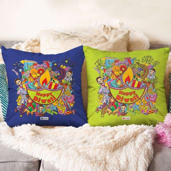 Set of 2 Cushion Covers with Diya Happy Diwali Print