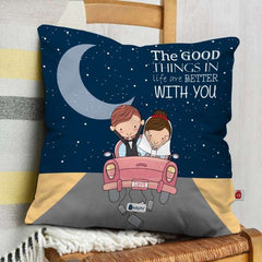 Good Things Are Better With You Printed Cushion Cover with Filler, Love Message Card, Wooden Photo Stand, Cute Teddy &amp; Artificial Red Rose