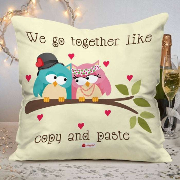 Owl Couple Sitting On A Branch With Hearts White Cushion Cover