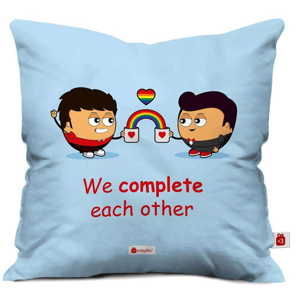 Gay Couple Illustration Blue Cushion Cover