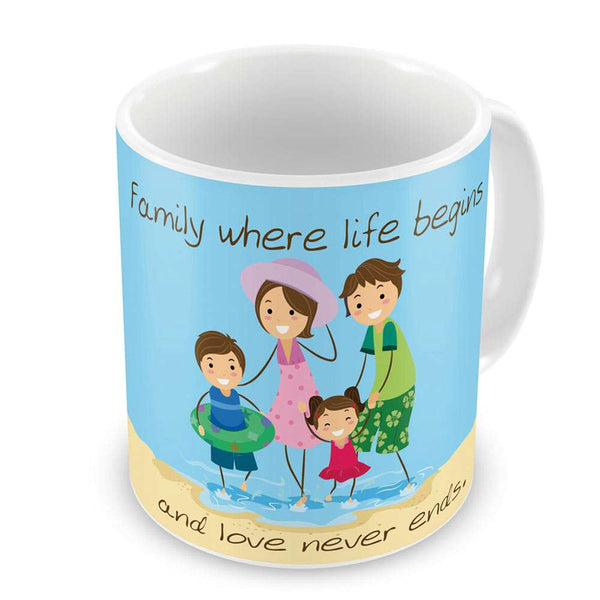 Life Begins Love Never Ends Blue Coffee Mug