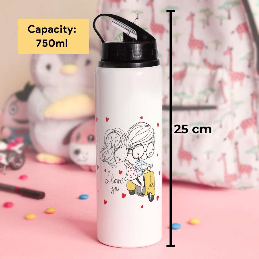 I Love You Printed Aluminium Sipper Water Bottle 750 ML