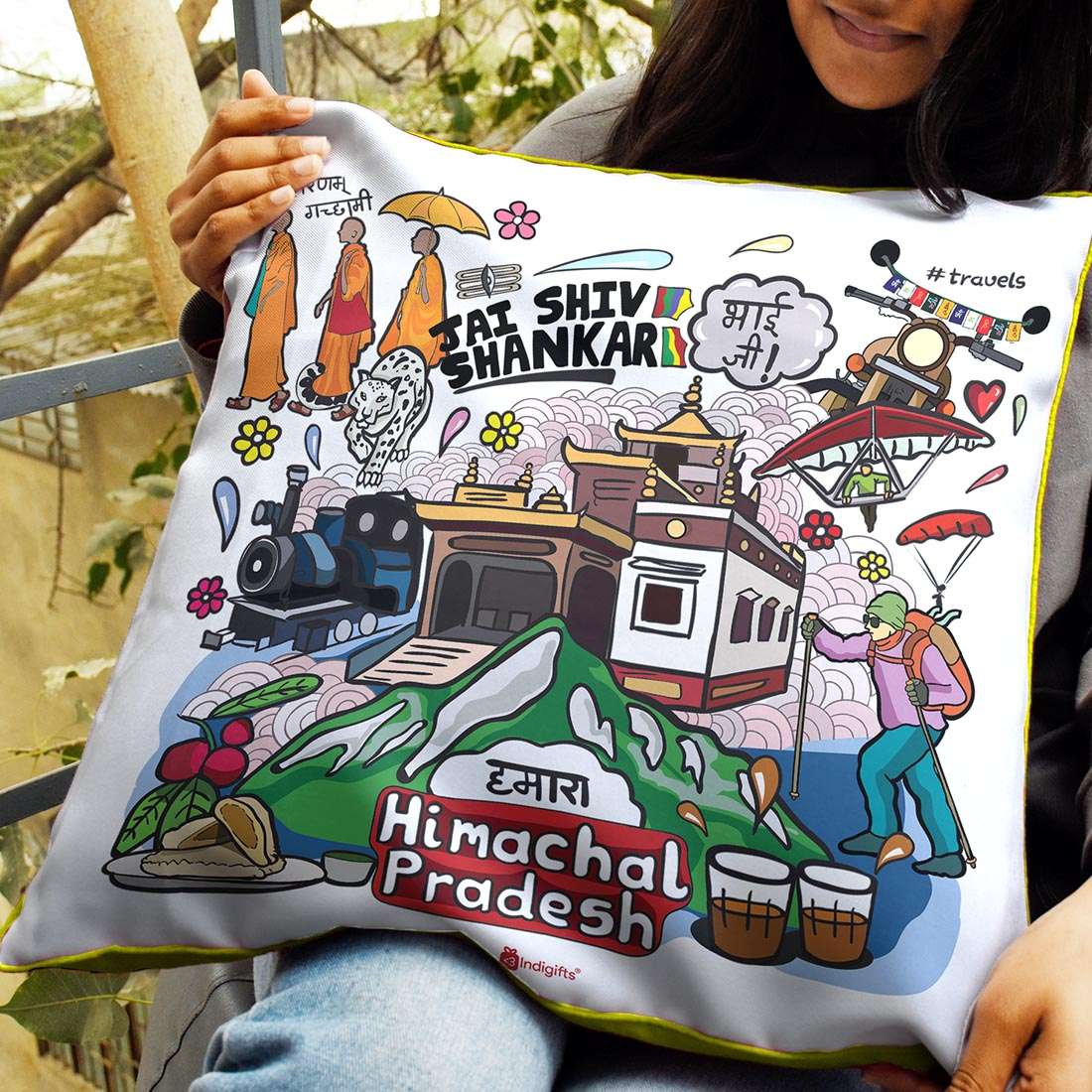 Himachal Pradesh  - Doodle Art Reversible Zipper Cushion with Filler - Discovering India