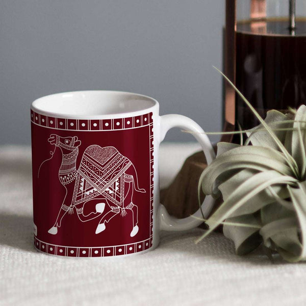 Maroon Ethnic Themed Camel Printed Coffee Cup