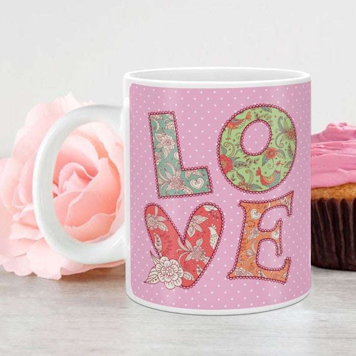 Colourful Patchwork Style Digital Printed Pink Coffee Mug