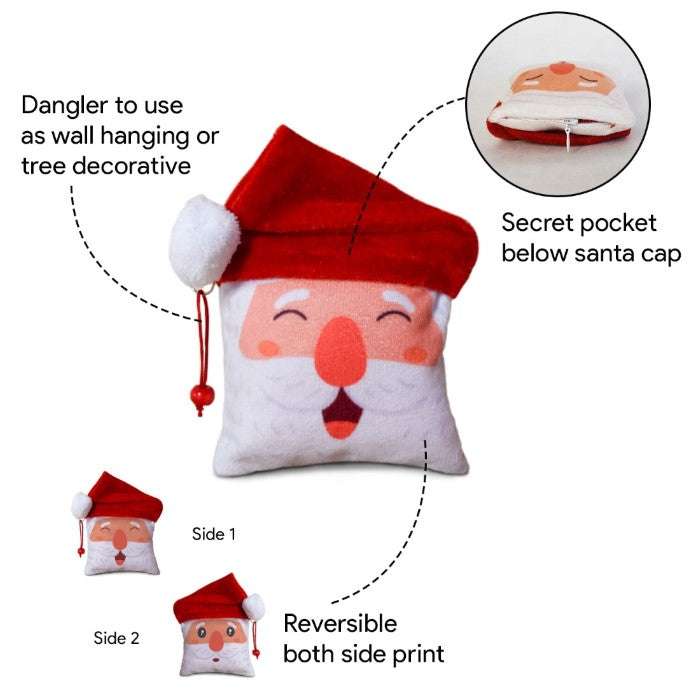 Christmas Characters Soft Poly Satin and Cotton Cushion Covers (16x16 Inches, Red)-Set of 4 and Revesible Santa Soft Toy