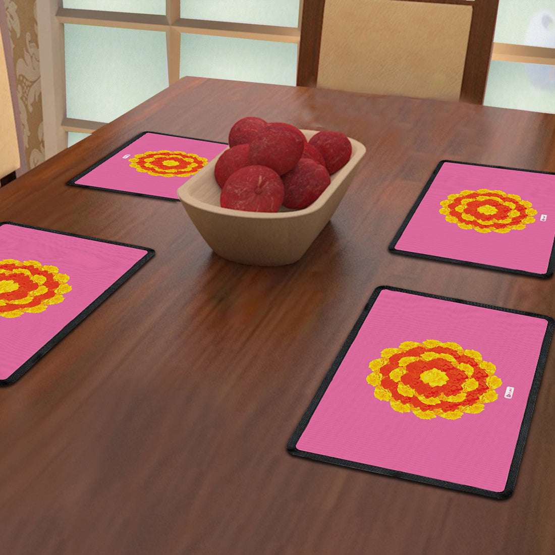 Rangoli Design with Marigold Flower (Pink) Table Mat