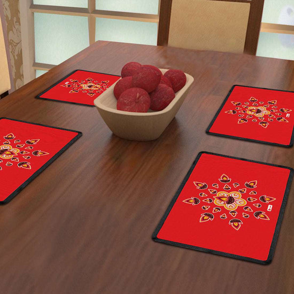 Rangoli with Illuminated Lamps (Red) Table Mat